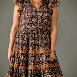 Anthropologie Black and Orange Patterned Midi Dress